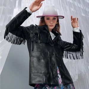 Biker Boho Black Fringe Faux Leather Jacket L Coat Pockets